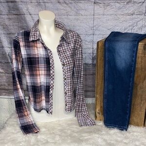 No Comment Long Sleeve Soft Cropped Button Down Top